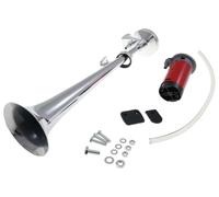 Fanfare Hupe Druckluft Horn 12V Kompressor 150 dB Chrom kompatibel mit Auto | Nebelhorn/Lufthorn inkl. Luftschlauch & Montagesatz, Ø 90 mm, Länge 450 mm; Showzwecke; kompatibel mit Motorrad, LKW & Boot