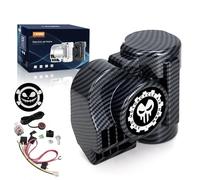 FARBIN Lufthorn Hupe 12V Air Horn mit kompressor für Motorrad Auto Pkw Lkw | Gehäuse mit Carbon-Optik, Integrierte Luftpumpe, kräftiger 150dB Klang, Relais-Kabelsatz, universell für 12V-Fahrzeuge