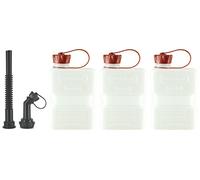FuelFriend®-PLUS CLEAR 1,0 Liter - Klein-Benzinkanister Mini-Reservekanister - im Dreierpack + Auslaufrohr-Set