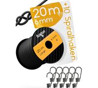 fuxton® Gummiseil (6 mm x 20 m + 10 Spiralhaken), Expanderseil, Gummileine, Bungee Cord Marine, Spanngummi Meterware, schwarz