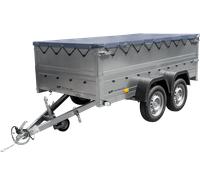 GARTENANHÄNGER 264/2 KIPP Zweiachs-Anhänger mit Stützrad, H-0-Rahmen, zusätzlichen Bordwänden und grauer Plane
