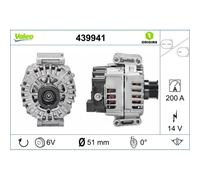 VALEO 439941 Generator Ladestrom des Generators: 200 Amp Rippen: 6 rippen Riemenscheibe Ø: 51 mm Spannung: 14 V Drehrichtung: CLOCKWISE