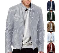 Generisch Bomberjacke Herren, Lederjacke Herren Bomberjacke Leather Jacket Bikerjacke Motorrad Jacke Ledermantel Bikerjacke Vintage 50Er Jahre Outfit Kunstlederjacke, Grey, 3XL