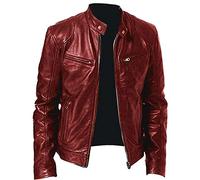 Generisch Herren Lederjacke, Lederjacke Herren Bomberjacke Leather Jacket Bikerjacke Motorrad Jacke Ledermantel Bikerjacke Vintage 50Er Jahre Outfit Kunstlederjacke, Red, XXL