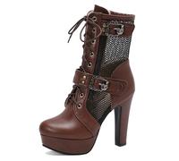 Gicoiz Damen Schnüren Military Sommer Stylish Motorradstiefel Runde Zehen Hohen Blockabsatz Stiefel Klassische Hollow Out Mesh Halbschaft Combat Stiefeletten Rot-Braun Gr 45 EU-47Cn