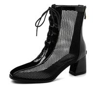 Gicoiz Damen Square Toe Elegant Schnüren Lack Hollow Out Stiefeletten Sommer Military Blockabsatz Stiefel Hochzeit Motorradstiefel Schwarz/Ankle Gr 42 EU-44Cn