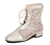 Gicoiz Damen Square Toe Schnüren Sommer Mesh Stiefeletten Zip Pailletten Military Hochzeit Block Mitte Absatz Stiefel Mode Motorradstiefel Beige Gr 44 EU-46Cn