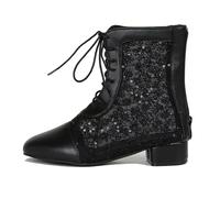 Gicoiz Damen Square Toe Schnüren Sommer Mesh Stiefeletten Zip Pailletten Military Hochzeit Block Mitte Absatz Stiefel Mode Motorradstiefel Schwarz Gr 39 EU-40Cn