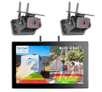 GREENAUTO Solar Rückfahrkamera Kabellos mit 10" 1080P Touchscreen Monitor: 9600mAh Akku 1Min DIY Installation Vierfach-Split Funk, IP69K Wasserdicht Rückfahrkameras für Auto, LKW, Van, SUV, Wohnmobil