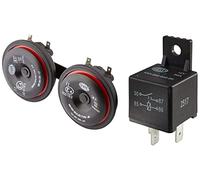 HELLA 3AM 922 000-971 Horn - S90-12V - 113dB(A) - Frequenzbereich: 350/415Hz - Gehäusefarbe: rot/schwarz & 4RA 965 400-001 Minirelais, 12 V, 4-polig, Spulenwiderstand: 90 Ohm