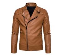 Herren Lose Einfarbig Reißverschluss PU Leder Jacke Kurz Revers Motorrad Lederjacke Herren Kunstleder Mantel Männer Motojacke, a, L