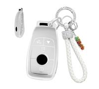 HIBEYO Autoschlüsselabdeckunge Passt für Mercedes Benz A C E S GLC GLE GLS CLA Klasse W205 W213 W177 X167 W222 G63 Silikon Schutzhülle Schlüsselcover Schlüsselhülle Schlüsselanhänger-4Tasten Silber