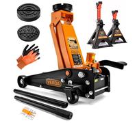 Hydraulischer Wagenheber 3T, 130-490 mm, 2X Gummi, Profilmesser, Montagehandschuhe, 2X Unterstellböcke Rangierwagenheber Profi Reifenwechsel Abstellbock Auto Heber Wohnmobil SUV PKW