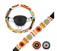 HZYZW-19 Häkel-Lenkradbezug-Set, niedliches Auto-Lenkradbezug, Boho, 35,6-38,1 cm, handgefertigt, Sonnenblumen-Oma, quadratisches Muster, Geschenk, Damen-Autozubehör (Radabdeckungs-Set)