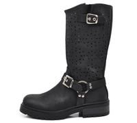 IF Fashion Damenschuhe Frühling Sommer perforiert Knöchel Biker Motorradfahrer mit Kettenriemen D7910, 688 62 Schwarz, 40 EU