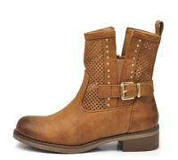 IF Fashion Stiefel Biker Motorradstiefel Damen perforiert mit Schnallen Frühling Sommer Kunstleder Jeans Optik GR-6656, 677 Camel, 38 EU