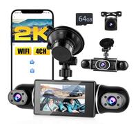 Inefala 4 Kanal Dash Cam Auto Kamera mit 3 Zoll IPS, 360° 4 Kanal Dashcam Auto Vorne Hinten 2K+1080P*3,Autokamera mit G-Sensor 64-GB-Karte,WiFi Dash Cam mit APP Loop-Aufnahme Weitwinkel Nachtsicht