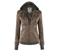 JIER Damen Kunstlederjacke Übergangsjacke Kapuzen Jacke Lederjacke Motorradjacke Bikerjacke Jacket Ladies Oberbekleidung mit Reißverschluss (Kaffee,X-Large)