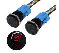 JIQI 2× 19mm Momentane wasserdichte Druckschalter 12V bis 24V 3A EIN/AUS Taste Schalter mit LED Beleuchtung Schwarzes Metallgehäuse vorverdrahte Momentary Drucktaster für KFZ DIY Auto Motorrad(Rot)