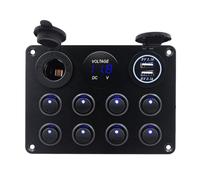 KAOLALI 8 Gang Kippschalter 12V/24V Wippschalter Panel mit USB-C, USB-Ladegerät + Feuerzeugsteckdose + Digitales Voltmeter, ON-Off Schalter Panel für Wohnmobile, Boote, Autos, Motorhaus (Blau LED)
