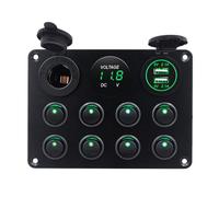 KAOLALI 8 Gang Kippschalter 12V/24V Wippschalter Panel mit USB-C, USB-Ladegerät + Feuerzeugsteckdose + Digitales Voltmeter, ON-Off Schalter Panel für Wohnmobile, Boote, Autos, Motorhaus (Grün LED)