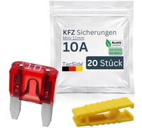 KFZ Mini Sicherungen 10A | 20 Stück + Sicherungszieher | Stecksicherungen für 12V 24V 32V | 11mm Flachsicherungen nach DIN ISO 8820-3 für Boot, Motorrad, Wohnmobil & Roller - Autosicherungen | Rot