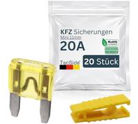 KFZ Mini Sicherungen 20A | 20 Stück + Sicherungszieher | Stecksicherungen für 12V 24V 32V | 11mm Flachsicherungen nach DIN ISO 8820-3 für Boot, Motorrad, Wohnmobil & Roller - Autosicherungen | Gelb