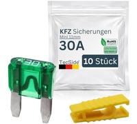 KFZ Mini Sicherungen 30A | 10 Stück + Sicherungszieher | Stecksicherungen für 12V 24V 32V | 11mm Flachsicherungen nach DIN ISO 8820-3 für Boot, Motorrad, Wohnmobil & Roller - Autosicherungen | Grün