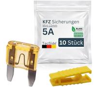 KFZ Mini Sicherungen 5A | 10 Stück + Sicherungszieher | Stecksicherungen für 12V 24V 32V | 11mm Flachsicherungen nach DIN ISO 8820-3 für Boot, Motorrad, Wohnmobil & Roller - Autosicherungen | Beige