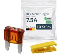 KFZ Mini Sicherungen 7.5A | 10 Stück + Sicherungszieher | Stecksicherungen für 12V 24V 32V | 11mm Flachsicherungen nach DIN ISO 8820-3 für Boot, Motorrad, Wohnmobil & Roller - Autosicherungen | Braun