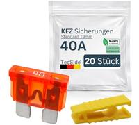KFZ Sicherungen 40A | 20 Stück + Sicherungszieher | Stecksicherungen für 12V 24V 32V | 19mm Flachsicherungen nach DIN ISO 8820-3 | Für Boot, Motorrad, Wohnmobil & Roller - Autosicherungen | Orange