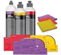 Koch Chemie Politur Set für weiche Lacke mit Politur, passendem Foam Pad und Poliertuch: Heavy Cut + Fine Cut + Micro Cut 126 x 25 mm Mit 3 Poliertüchern