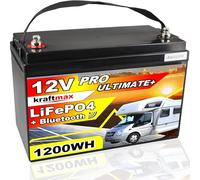 Kraftmax 12V / 100AH LiFePO4 Akku Lithium Batterie mit BMS ersetzt 12 V / 100 AH Bleiakku - Hochleistungs- Akku inkl. Bluetooth 1280Wh
