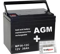 kraftmax 1x AGM 12V / 36Ah Blei-Akku - MP36-12C [ M6 - Innengewinde ] Zyklenfest inkl. 2X Original Anschluß-Adapter