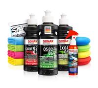Lackpolitur Set: SONAX PROFILINE Autopolitur OS 02-06 ExCut 05-05 Ex 04-06 je 250ml + Ceramic QuickDetailer 140ml + 4 Applikatoren + 4 Mikrofasertücher 40×40 | 12-teilig