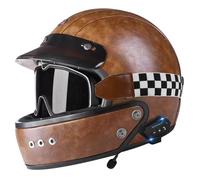 Leder Integralhelm Mit Brille Bluetooth Motorrad Vollvisierhelm ECEDOT Zertifiziert Mehrere Lüftungsöffnungen Motorradhelm Integralhelme Frauen Männer Motocrosshelme B,L:59-60CM