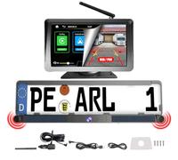 Lescars Einparkhilfe: Kabelloses Solar-Funk-Rückfahrkamera-Set, CarPlay-/Android-Auto-komp. (Abstandssensor & Rückfahrkamera, Carplay kompatible, Navi)