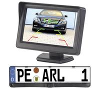 Lescars Rückfahrt Camera: Farb-Rückfahrkamera im Nummernschildhalter m. Monitor & Abstandswarner (Rückfahrkamera kabelgebunden, PDC, Ruckfahrkamera)