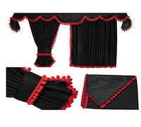 LKW Gardinen für Iveco Hi-Way, S-Way schwarz-rot, Pompoms/Kugel