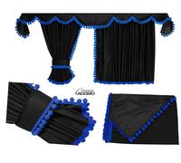 LKW GARDINEN FÜR IVECO S-WAY / HI-WAY Gratis Gardinenhaken Schwarz-Pompoms/blau