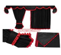 LKW GARDINEN FÜR IVECO S-WAY / HI-WAY Gratis Gardinenhaken Schwarz -Pompoms/rot