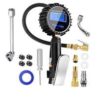 Luftdruckprüfer Reifenfüller Set, 200 PSI Digitaler Reifendruckmesser, Multifunktional Reifendruckprüfer Geeicht, Druckluft Reifenfüller mit Mehrere Ersatzteile Ventil Kern Werkzeug für Auto Motorrad