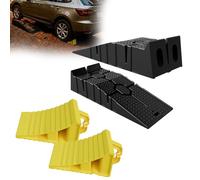 LZQ 2er-Set Kunststoff Auffahrrampe PKW KFZ Schwerlast Rampe + 2er-Set Radstopper Unterlegkeile Auto, PP Kunststoff Autorampe Laderampen + Bremskeile Radkeil für PKW Wohnmobil Anhänger, Gelb