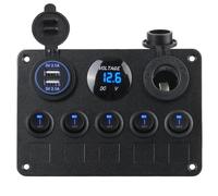 Marineschalter, Wasserdichtes digitales Voltmeter Marine LED Wippschalter Panel for Boote Autoschalter Panel Dual USB Port 5 Gang 12V Steckdosenkombination