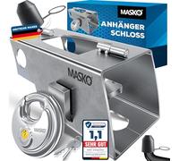 MASKO® Anhängerschloss mit Scharniersystem für Angekoppelte & Abgekoppelte Anhänger | Anhänger Schloss Diebstahlschutz Wohnwagen Kastenschloss inkl.Rundbügelschloss, Schlüssel & Schutzkappe, Silber