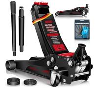 MASKO® Wagenheber hydraulisch 3T Flache Hubhöhe 85-485mm 3X Gummiauflage KFZ Rangierwagenheber SUV, 360° Rollen, inkl. Koffer + Handschuhe Rollen Heber Unterstellbock für tiefergelegt bis hoch