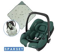 Maxi-Cosi Babyschale CabrioFix i-Size ab Geburt - 12 Monate (40-75 cm) & Sitzverkleinerer, Sonnenverdeck inkl. Einschlagedecke Pusteblume - Essential Green