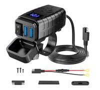 Motorrad USB Steckdose Wasserdicht - Dual USB Adapter QC 3.0 12V/24V | USB-Doppelsteckdose mit Schalter und LED-Spannungsmesser für Motorrad Wohnmobil Auto und Yacht