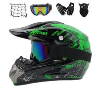MRDEER Fullface Motocross Helm Kinder, Downhill Motorradhelm Set mit Handschuhe Maske Brille Helmnetz, Motorrad ATV Enduro D.O.T Crosshelm Motorradhelm für Damen Herren (M 54-55CM,Schwarz Grün)