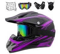 MRDEER Fullface Motocross Helm Kinder, Downhill Motorradhelm Set mit Handschuhe Maske Brille Helmnetz, Motorrad ATV Enduro D.O.T Crosshelm Motorradhelm für Damen Herren (S 52-53CM,Schwarz Lila)